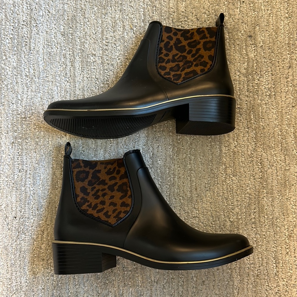 NWOT Kate Spade Black Leopard Rain Boots, Black Rain Booties